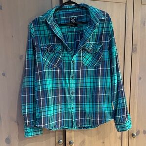 Green and Blue Plaid Button-Up Shirt